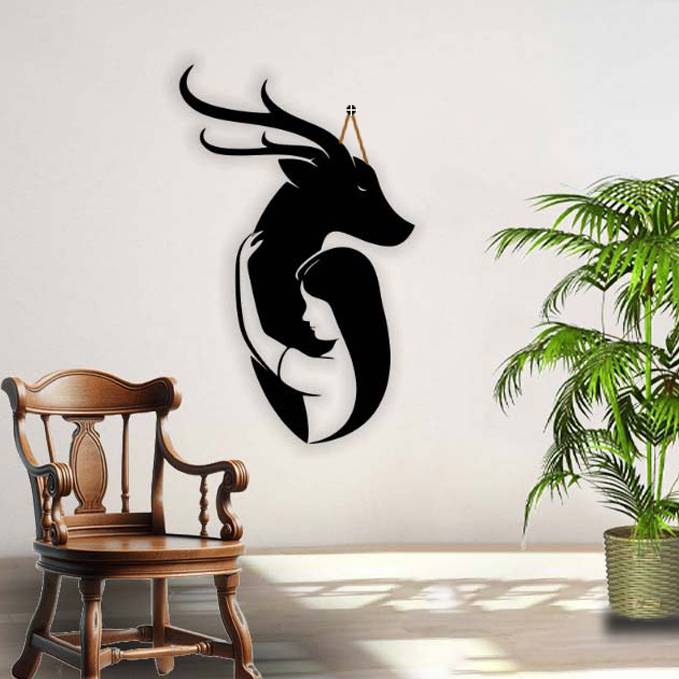 Girl with deer wall hanging decor-E0014602 (Size : 13 X 20 Inch)