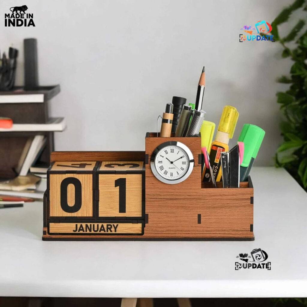 Wooden Desk Organizer with Lifetime Calendar and Clock | High-Quality Workspace Essential | Eco-Friendly Design 3 Scaled 900x900