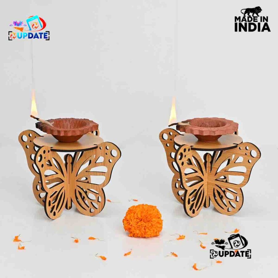 Butterfly Glow – Bamboo Finish Diya Stand (Set of 2 pcs)