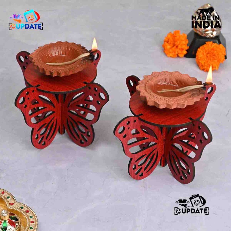 Butterfly Glow – Bamboo Finish Diya Stand (Set of 2 pcs)