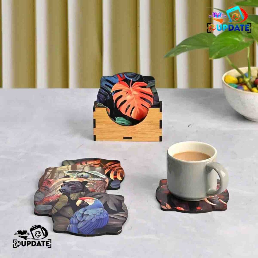 Tropical Nest – Exotic Bird & Leaf- MDF Sublimation Coaster Set of 6 pcs