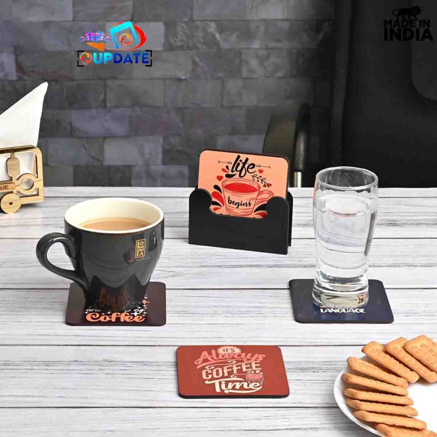 ☕ Brew Language – Coffee Quote- MDF Sublimation Coaster Set of 6 pcs