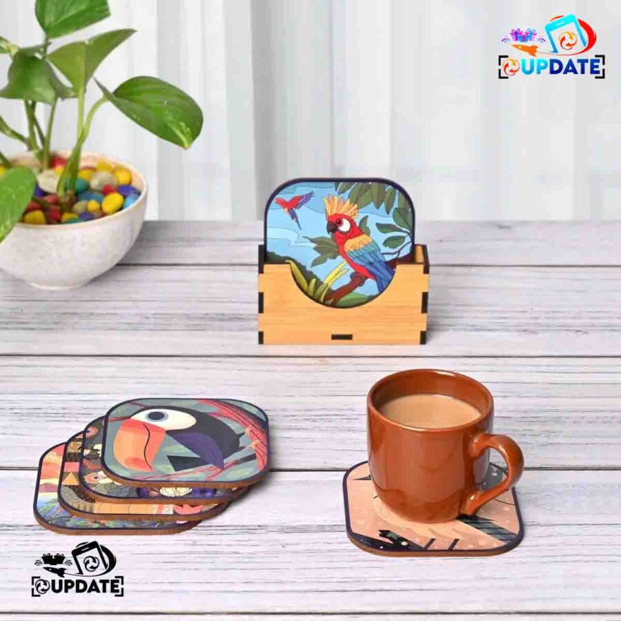 Feathered Charm – Artistic Bird- MDF Sublimation Coaster Set of 6 pcs
