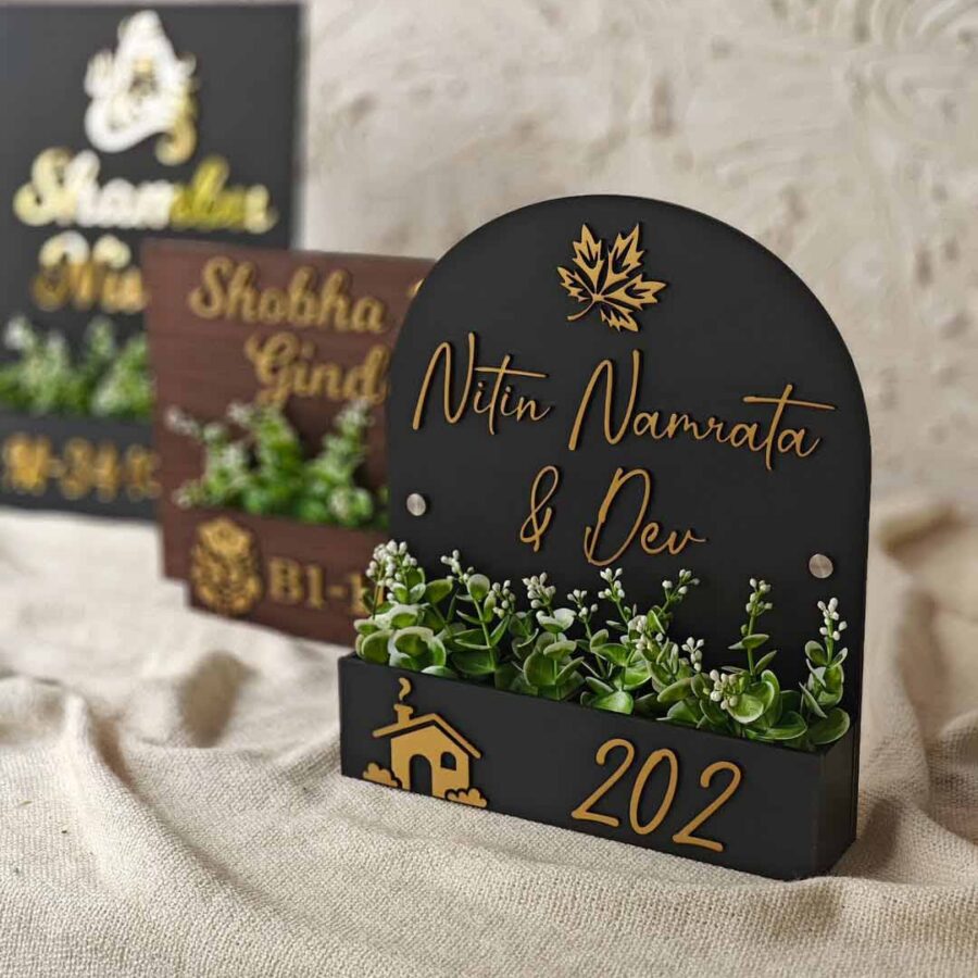 UHNB0023- Elegant Roots – Black & Gold Acrylic Name Board with Transparent Layer